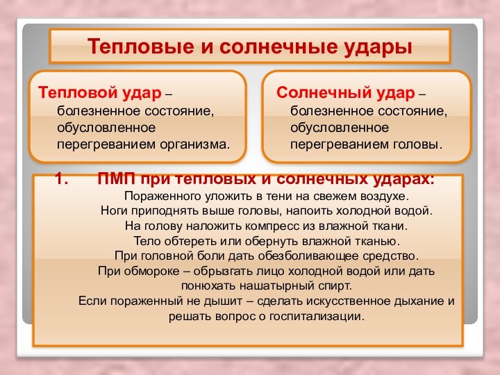 Тепловые и солнечные ударыТепловой удар – болезненное состояние, обусловленное перегреванием организма. Солнечный