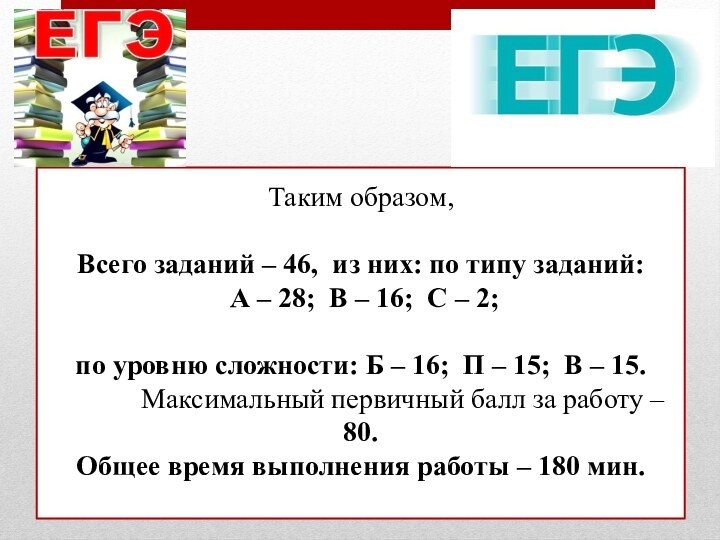 Таким образом,  Всего заданий – 46, из них: по типу заданий: