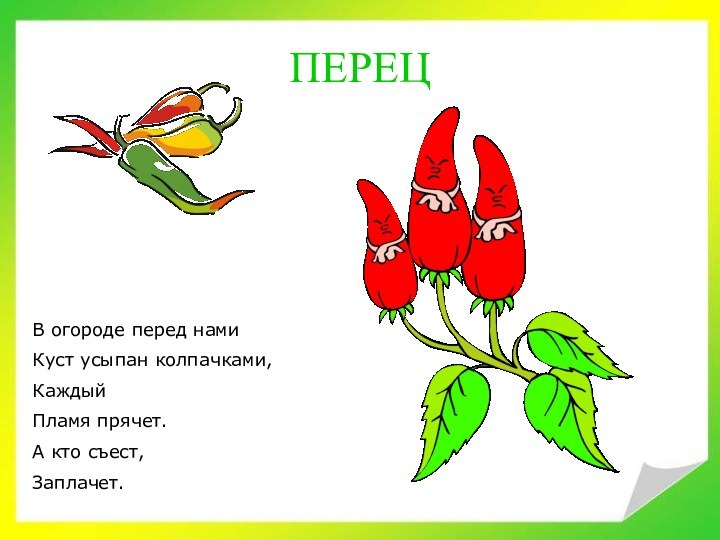 ПЕРЕЦВ огороде перед намиКуст усыпан колпачками,КаждыйПламя прячет.А кто съест,Заплачет.