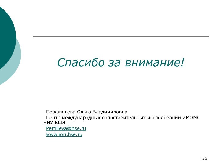 Спасибо за внимание!	Перфильева Ольга Владимировна	Центр международных сопоставительных исследований ИМОМС НИУ ВШЭ	Perfilieva@hse.ru 	www.iori.hse.ru