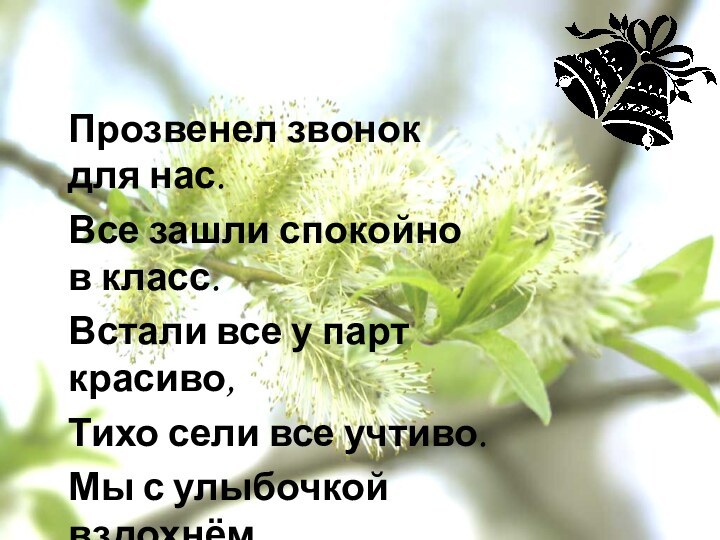 Прозвенел звонок для нас.Все зашли спокойно в класс.Встали все у парт красиво,Тихо