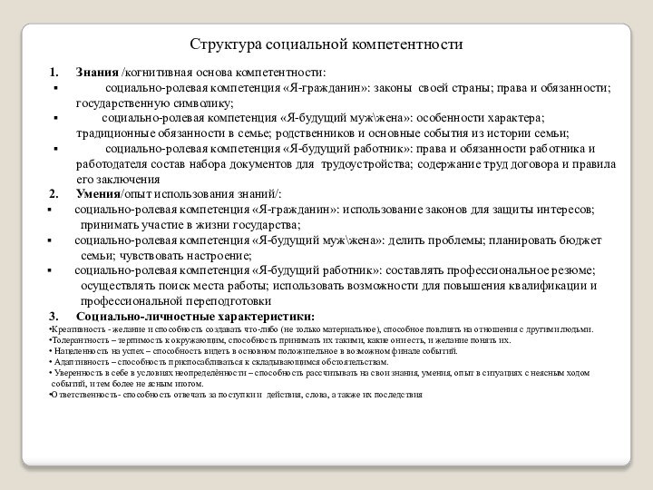 Структура социальной компетентностиЗнания /когнитивная основа компетентности:     cоциально-ролевая компетенция