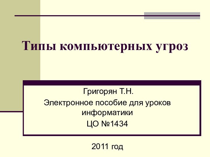 Типы компьютерных угроз Григорян Т.Н.Электронное пособие для уроков информатикиЦО №1434 2011 год
