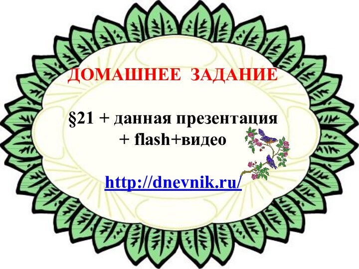 ДОМАШНЕЕ ЗАДАНИЕ§21 + данная презентация+ flash+видеоhttp://dnevnik.ru/