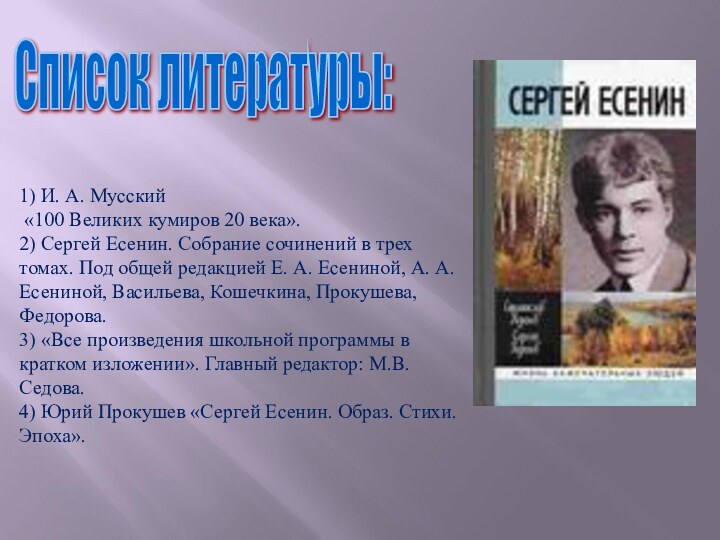 Список литературы: 1) И. А. Мусский «100 Великих кумиров 20 века».2) Сергей