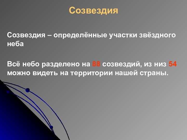 СозвездияСозвездия – определённые участки звёздного небаВсё небо разделено на 88 созвездий, из