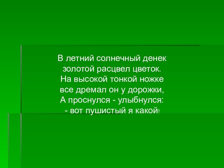 В летний солнечный денекзолотой расцвел цветок.На высокой тонкой ножкевсе дремал он у