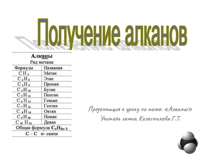 Презентация к уроку по теме: «Алканы»Учитель химии Колесникова Г.Т.Получение алканов