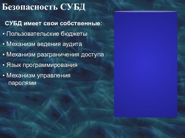 Безопасность СУБДСУБД имеет свои собственные: Пользовательские бюджеты Механизм ведения аудита Механизм разграничения