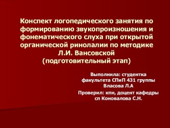 Конспект логопедического занятия по формированию звукопроизношения и фонематического слуха при открытой органической ринолалии по методике Л.И. Вансовской (подготовительный этап)