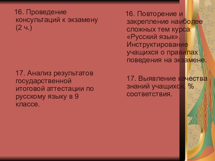 16. Проведение консультаций к экзамену (2 ч.)   17.