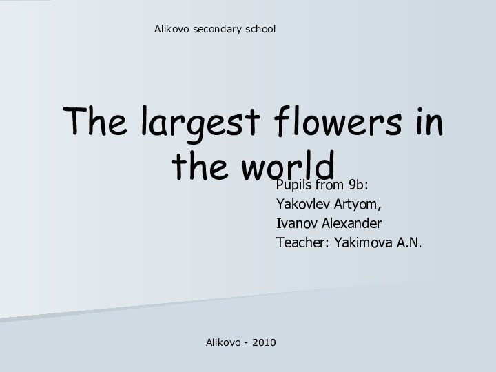 The largest flowers in the worldPupils from 9b:Yakovlev Artyom,Ivanov AlexanderTeacher: Yakimova A.N.