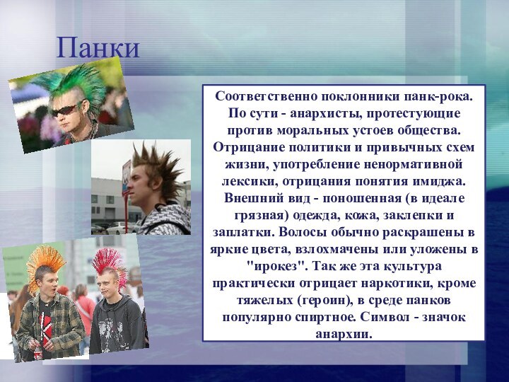 ПанкиСоответственно поклонники панк-рока. По сути - анархисты, протестующие против моральных устоев общества.