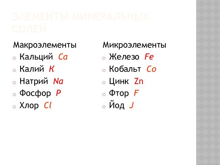 Элементы минеральных солейМакроэлементы Кальций СаКалий КНатрий NaФосфор РХлор ClМикроэлементы Железо FeКобальт CоЦинк ZnФтор FЙод J