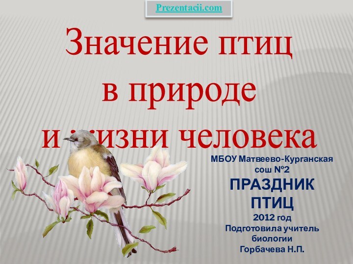 Значение птицв природеи жизни человекаМБОУ Матвеево-Курганская сош №2ПРАЗДНИК ПТИЦ2012 годПодготовила учитель биологииГорбачева Н.П.Prezentacii.com