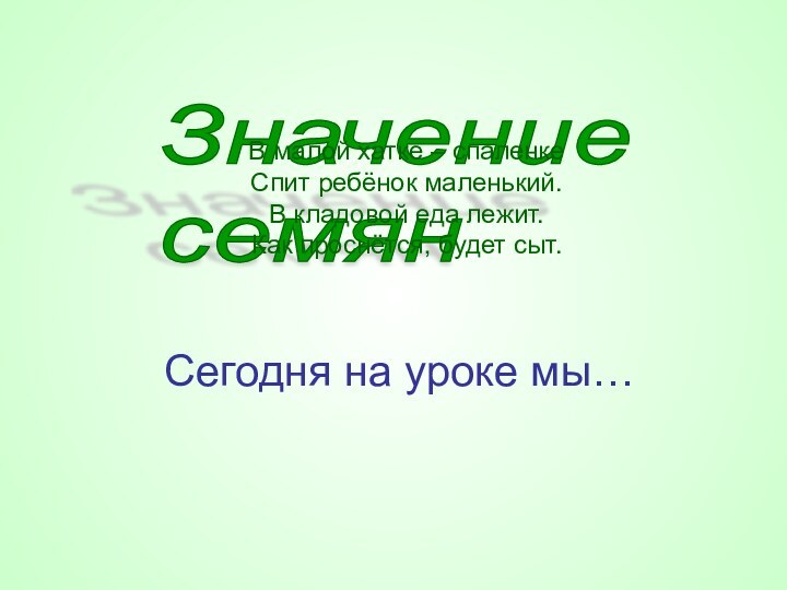 Значение  семянСегодня на уроке мы…В малой хатке – спаленке Спит ребёнок