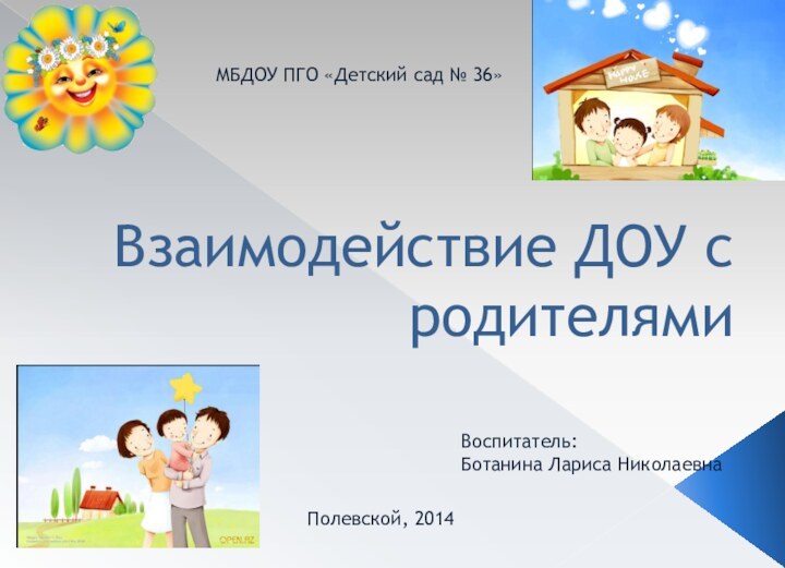 Взаимодействие ДОУ с родителямиМБДОУ ПГО «Детский сад № 36»Полевской, 2014Воспитатель:Ботанина Лариса Николаевна