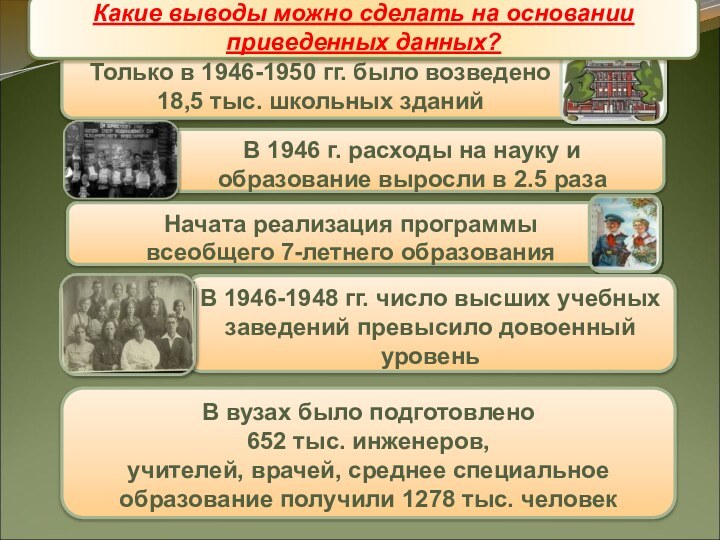 ОбразованиеВ вузах было подготовлено 652 тыс. инженеров, учителей, врачей, среднее специальное образование получили 1278 тыс. человек