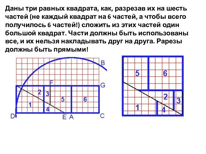 Даны три равных квадрата, как, разрезав их на шесть частей (не каждый