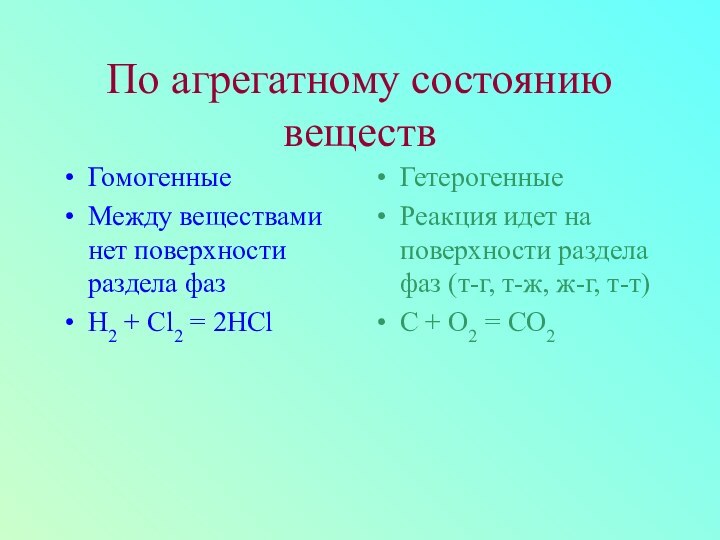 По агрегатному состоянию веществГомогенныеМежду веществами нет поверхности раздела фазH2 + Cl2 =