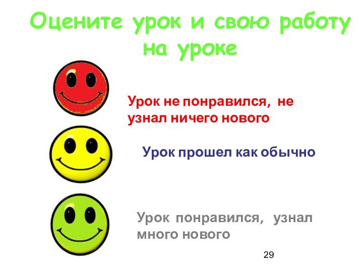 Оцените урок и свою работу на урокеУрок прошел как обычноУрок понравился,