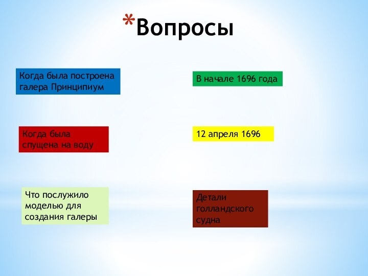 ВопросыКогда была построена галера ПринципиумВ начале 1696 годаКогда была спущена на воду12