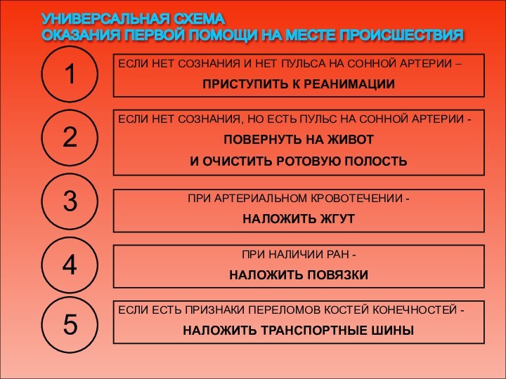 УНИВЕРСАЛЬНАЯ СХЕМА  ОКАЗАНИЯ ПЕРВОЙ ПОМОЩИ НА МЕСТЕ ПРОИСШЕСТВИЯЕСЛИ НЕТ СОЗНАНИЯ И