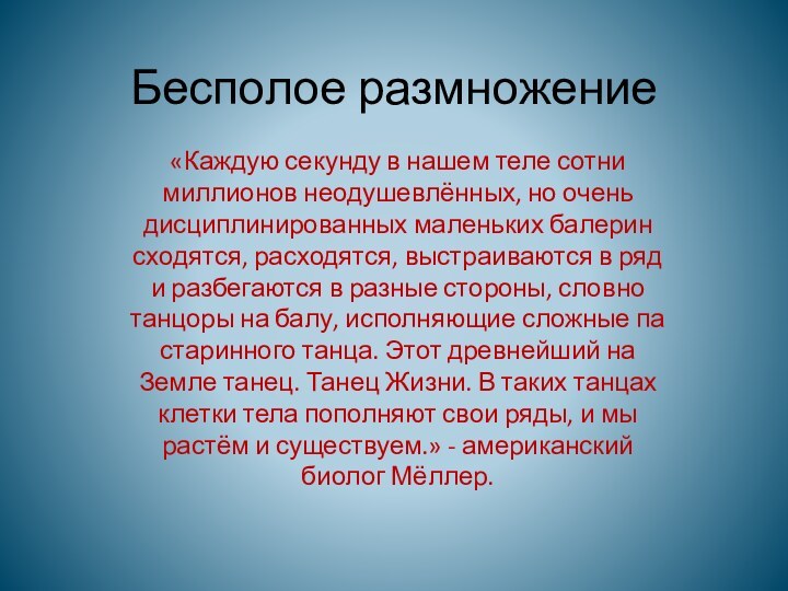 Бесполое размножение «Каждую секунду в нашем теле сотни миллионов неодушевлённых, но очень