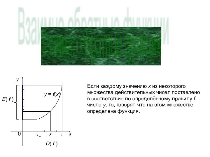 Взаимно обратные функции Если каждому значению х из некоторого множества действительных чисел