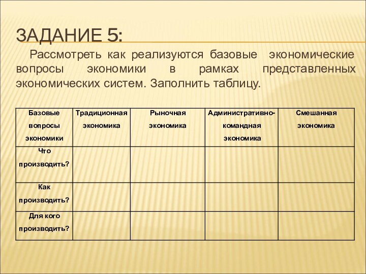 ЗАДАНИЕ 5:Рассмотреть как реализуются базовые экономические вопросы экономики в рамках представленных экономических систем. Заполнить таблицу.