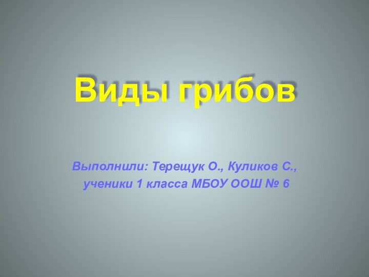 Виды грибовВыполнили: Терещук О., Куликов С., ученики 1 класса МБОУ ООШ № 6