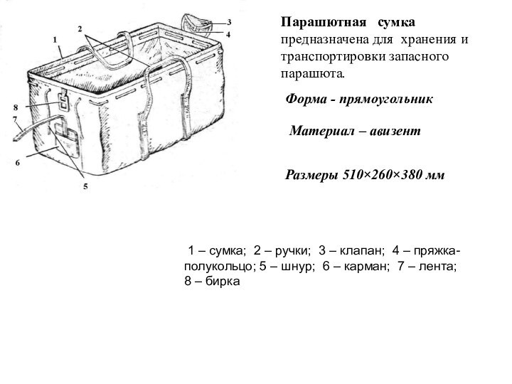 Парашютная  сумка предназначена для хранения и транспортировки запасного парашюта.Материал – авизент