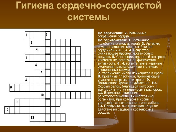 Гигиена сердечно-сосудистой системы По вертикали: 2. Ритмичные сокращения сердца.По горизонтали: 1. Ритмичное