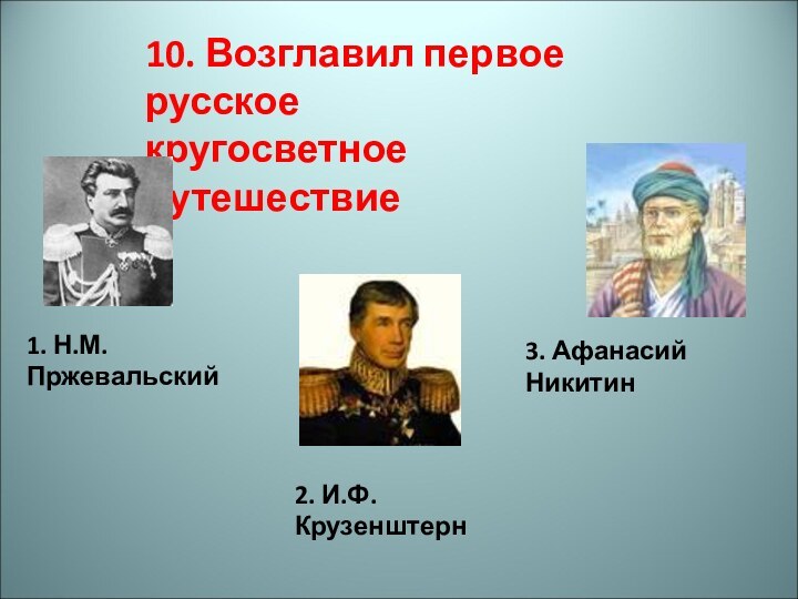 10. Возглавил первое русское кругосветное путешествие1. Н.М.Пржевальский3. Афанасий Никитин2. И.Ф. Крузенштерн