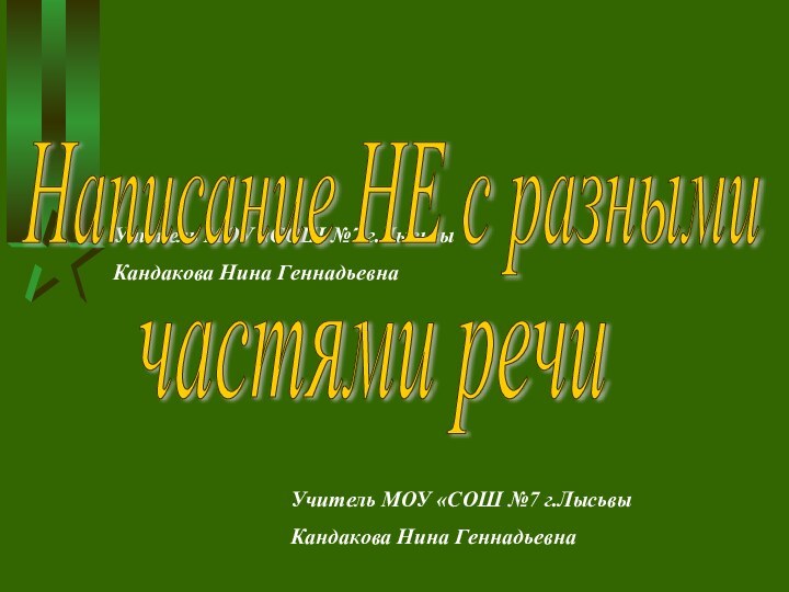 Учитель МОУ «СОШ №7 г.ЛысьвыКандакова Нина ГеннадьевнаНаписание НЕ с разными частями речиУчитель