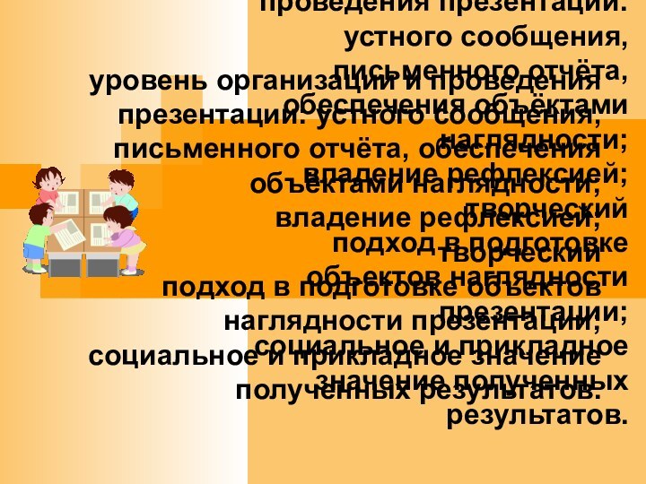 уровень организации и проведения презентации: устного сообщения, письменного отчёта, обеспечения объёктами наглядности;