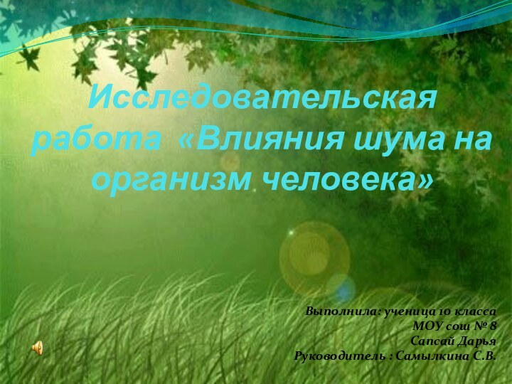 Исследовательская работа «Влияния шума на организм человека»Выполнила: ученица 10 класса МОУ сош