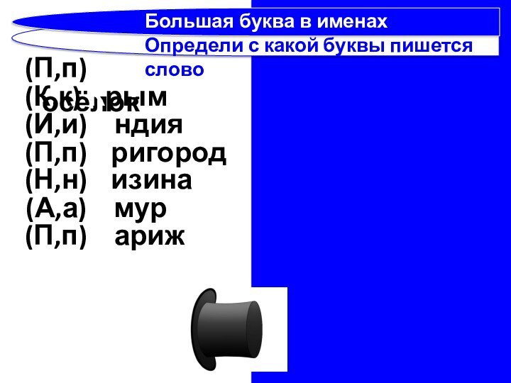 (П,п) посёлок(К,к) Крым(И,и) Индия(П,п) пригород(Н,н) низина (А,а) Амур(П,п) ПарижБольшая буква в именах