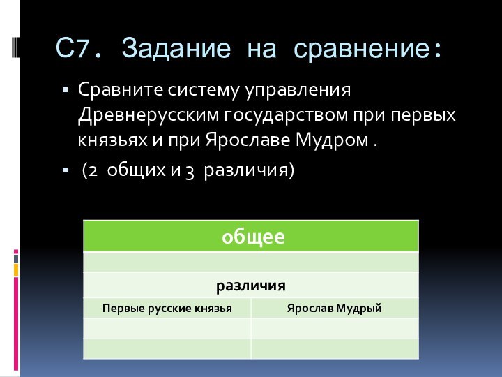 С7. Задание на сравнение:Сравните систему управления Древнерусским государством при первых князьях и