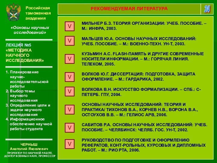 Российская таможенная академия«Основы научных исследований»1. Планирование научно-исследовательской работы 2. Выбор темы научного