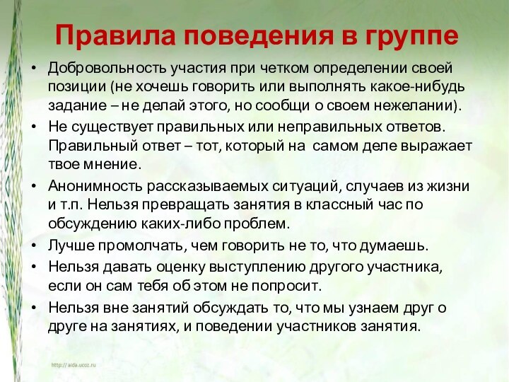 Правила поведения в группеДобровольность участия при четком определении своей позиции (не хочешь