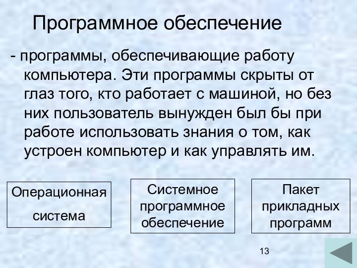 Программное обеспечение- программы, обеспечивающие работу компьютера. Эти программы скрыты от глаз того,