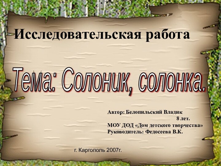 Исследовательская работаТема: Солоник, солонка. Автор: Белопильский Владик