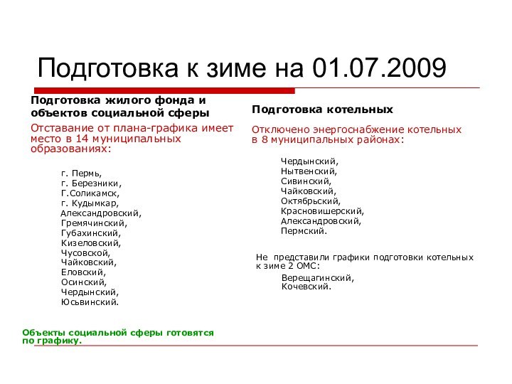 Подготовка к зиме на 01.07.2009г. Пермь, г. Березники,Г.Соликамск, г. Кудымкар,	Александровский,Гремячинский, Губахинский, Кизеловский,