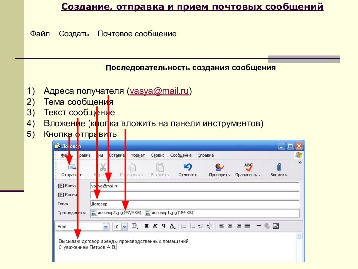 Создание, отправка и прием почтовых сообщений Последовательность создания сообщенияАдреса получателя (vasya@mail.ru)Тема сообщения