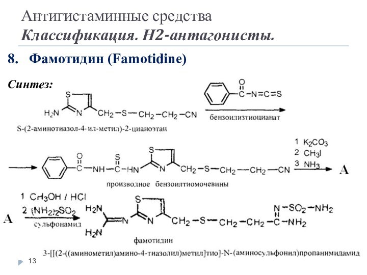 8.  Фамотидин (Famotidine)Синтез:Антигистаминные средстваКлассификация. Н2-антагонисты.