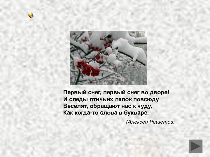 Первый снег, первый снег во дворе!И следы птичьих лапок повсюдуВеселят, обращают нас