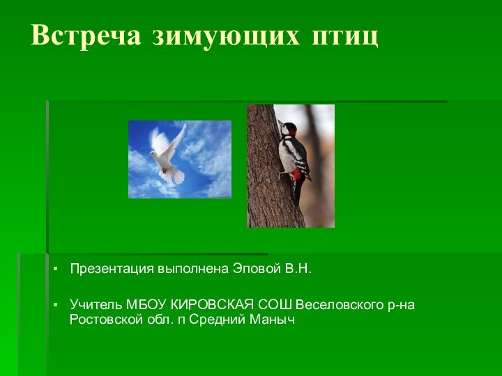 Встреча зимующих птицПрезентация выполнена Эповой В.Н.Учитель МБОУ КИРОВСКАЯ СОШ Веселовского р-на Ростовской