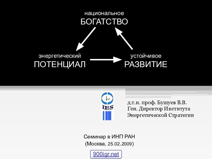 национальное БОГАТСТВОСеминар в ИНП РАН (Москва, 25.02.2009)д.т.н. проф. Бушуев В.В. Ген. Директор Института Энергетической СтратегииэнергетическийПОТЕНЦИАЛустойчивоеРАЗВИТИЕ