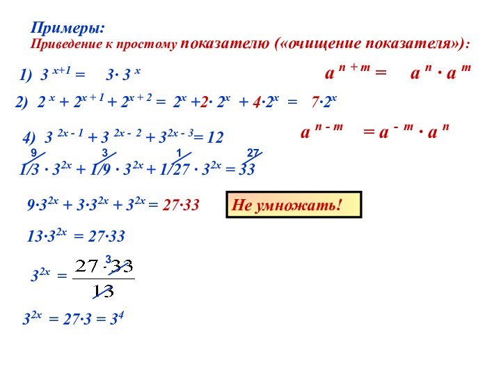 Примеры:1) 3 х+1 = 2) 2 х + 2х + 1 +